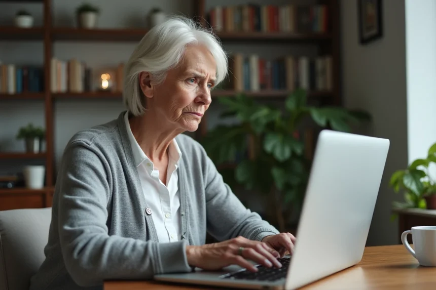 Femme senior frustrée face à un problème de connexion sur son compte Agirc Arrco via France Connect sur ordinateur portable