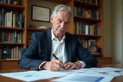 Professeur agrégé retraité examinant ses documents de pension de retraite à son bureau à domicile