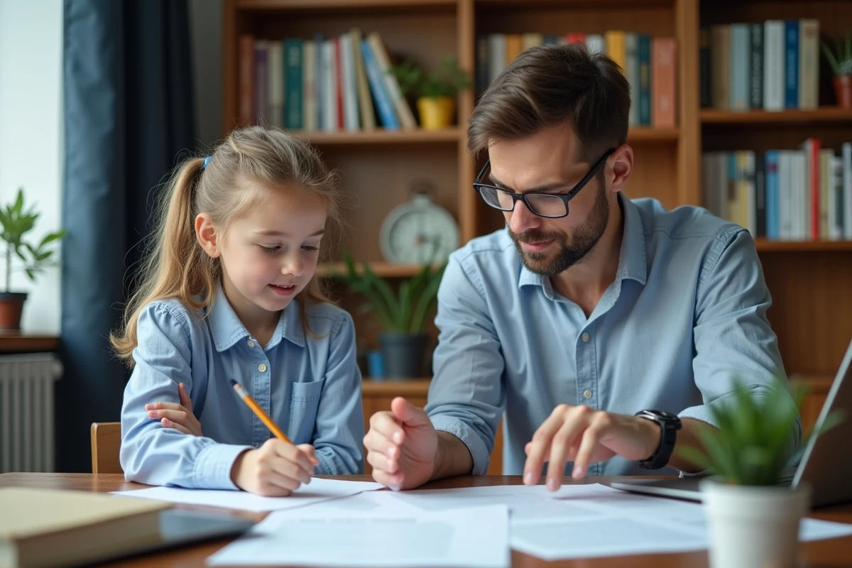 Professeur particulier corrigeant une rédaction avec une adolescente dans son espace d'étude à domicile
