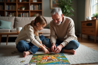 Père et fille concentrés sur un puzzle familial dans le salon