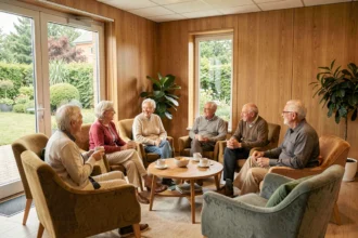 Résidents seniors heureux dans le salon commun d'une résidence senior moderne dans le Nord de la France