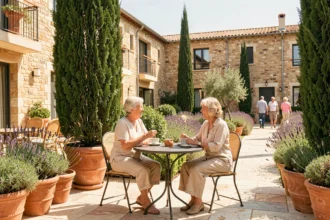 Résidences seniors en Occitanie : deux femmes âgées profitent d'une terrasse ensoleillée dans un cadre méditerranéen verdoyant