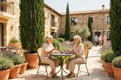 Résidences seniors en Occitanie : deux femmes âgées profitent d'une terrasse ensoleillée dans un cadre méditerranéen verdoyant