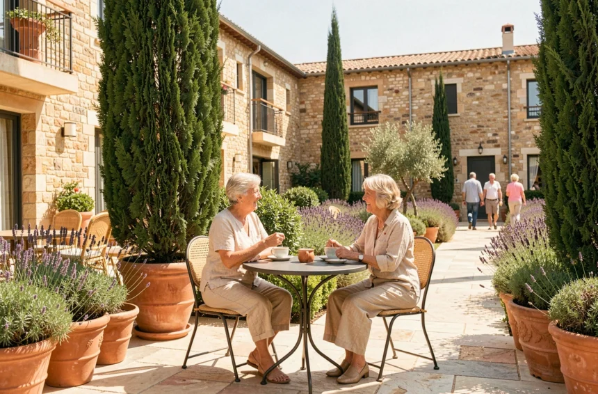 Résidences seniors en Occitanie : deux femmes âgées profitent d'une terrasse ensoleillée dans un cadre méditerranéen verdoyant