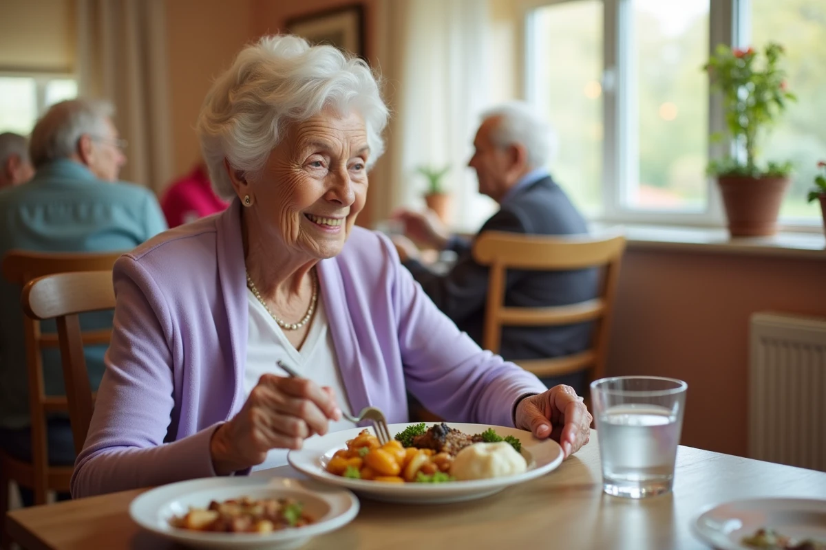 Résidente âgée dégustant un repas adapté à ses besoins nutritionnels dans la salle à manger de la Maison Zélia