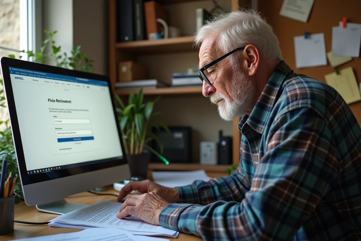 Retraité consultant son espace personnel retraite sur ordinateur dans un bureau à domicile