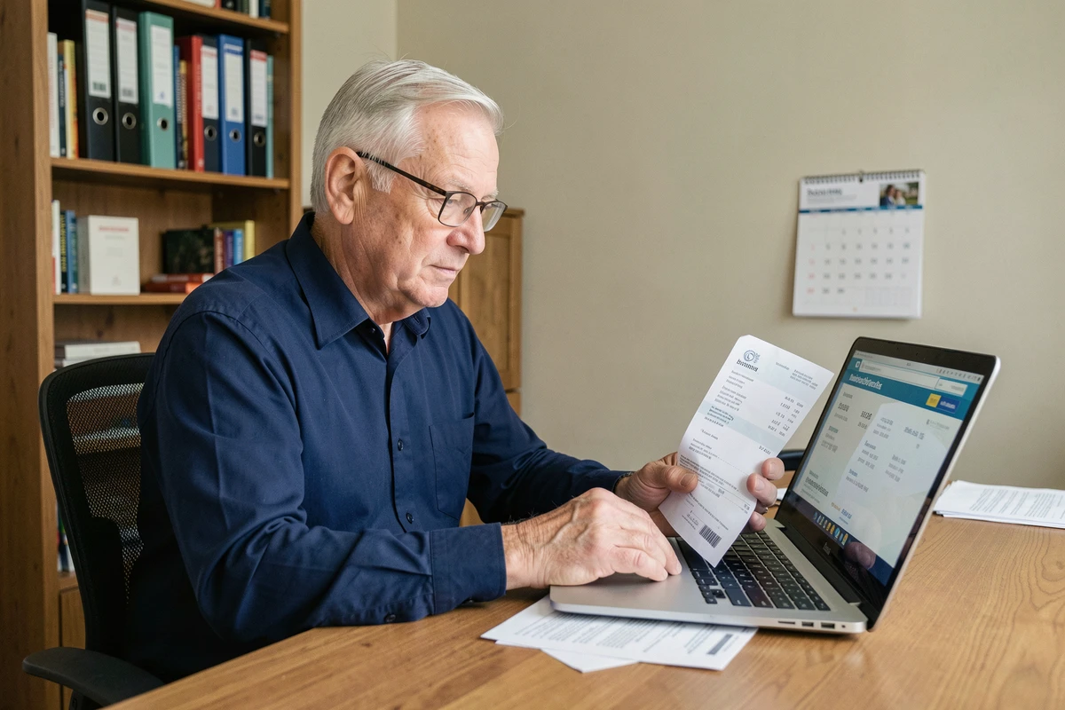 Retraité consultant son bulletin de pension Agirc Arrco sur ordinateur portable