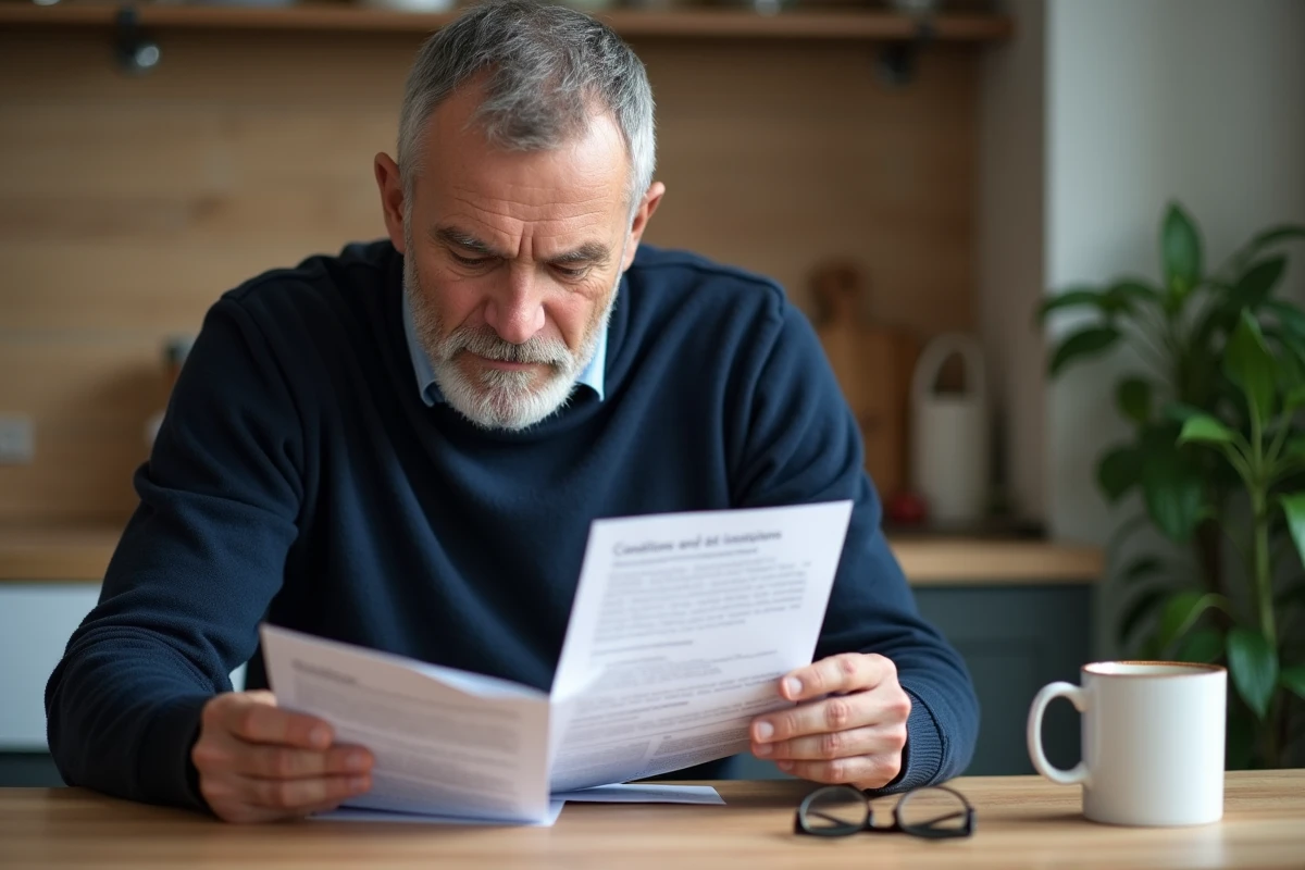 Un homme retraité à son domicile lisant attentivement les conditions et avantages d'une carte senior avant de souscrire