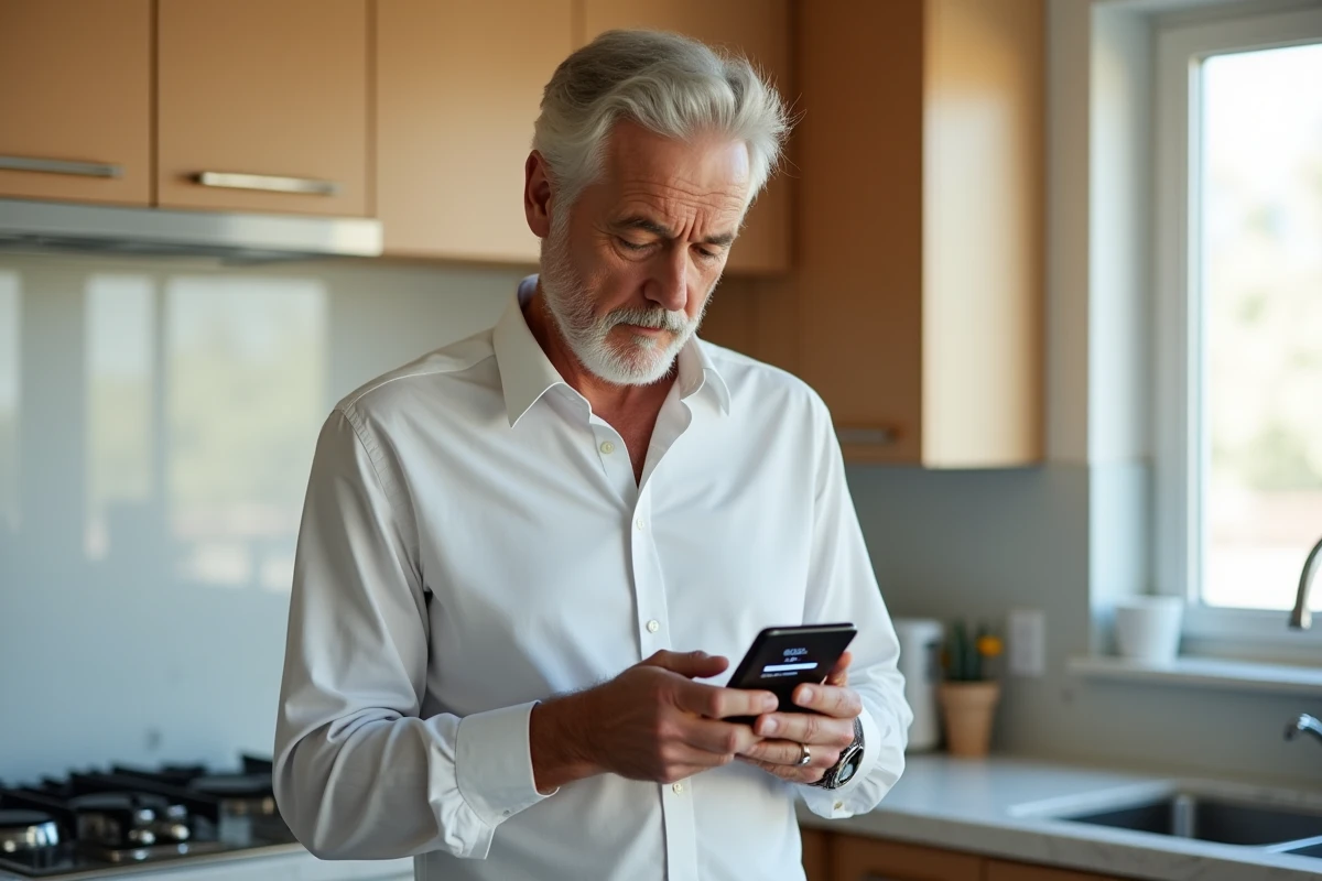 Homme retraité consultant son smartphone pour résoudre un problème de mot de passe sur son espace Agirc Arrco via France Connect