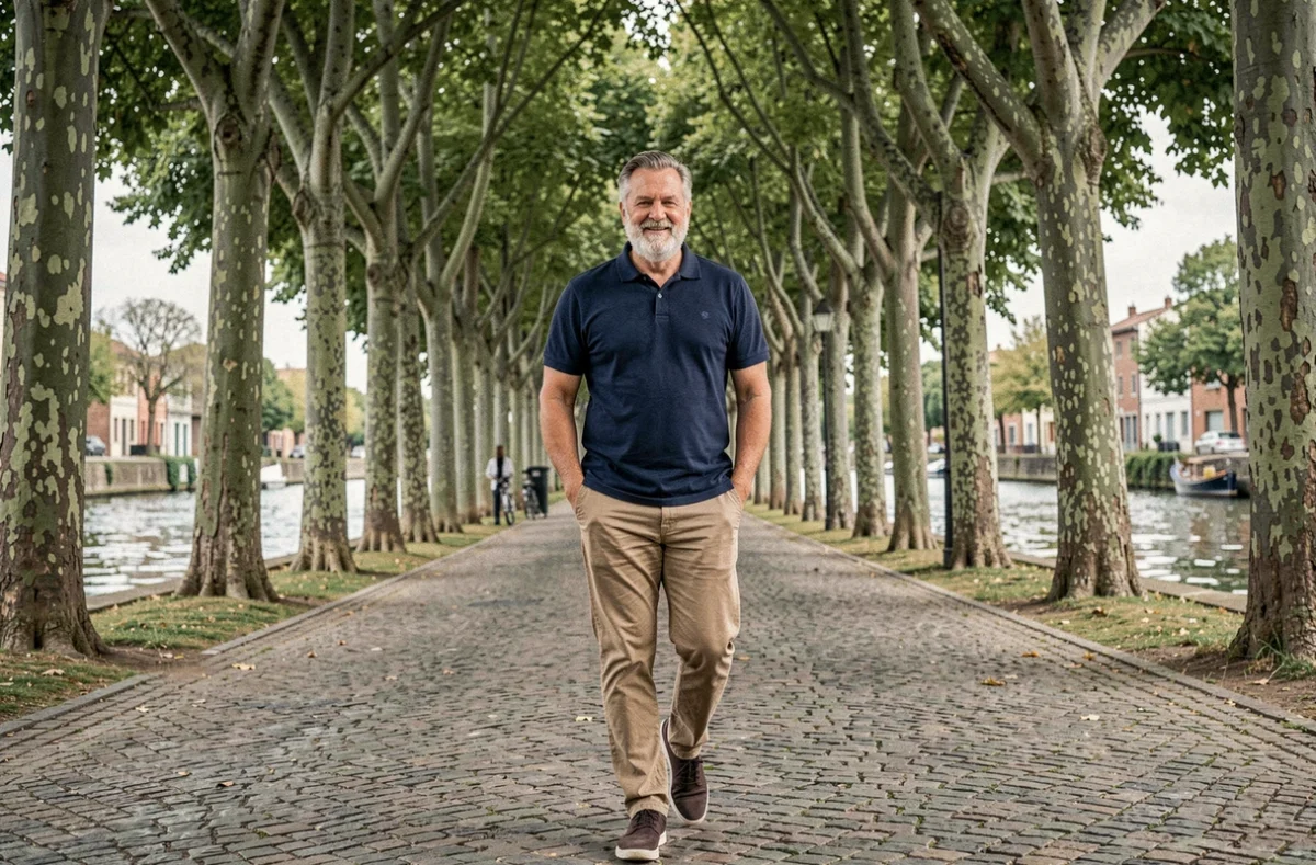 Homme retraité se promenant sereinement le long du Canal du Midi à Toulouse sous les platanes
