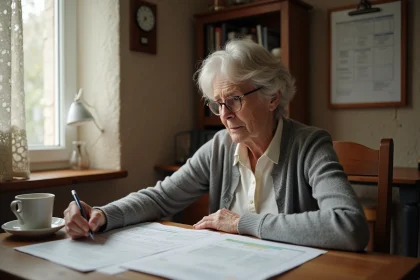 Retraitée consultant ses documents de pension à la table de cuisine de son domicile