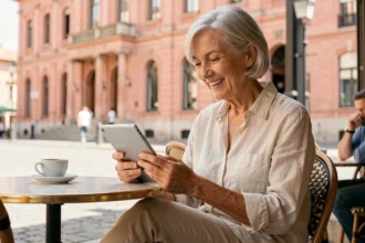 Femme retraitée souriante consultant une tablette en terrasse de café à Toulouse, place du Capitole en arrière-plan