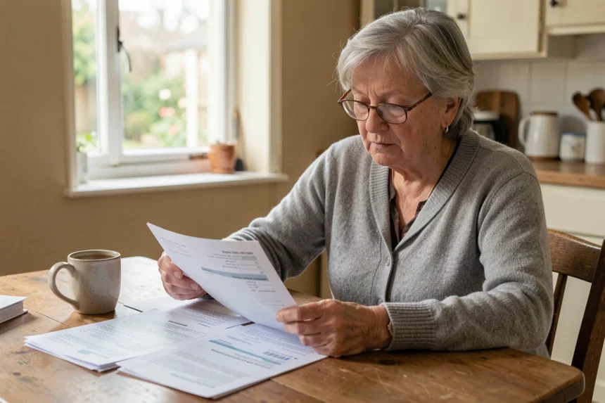 Femme retraitée vérifiant ses relevés de pension Agirc Arrco à la maison