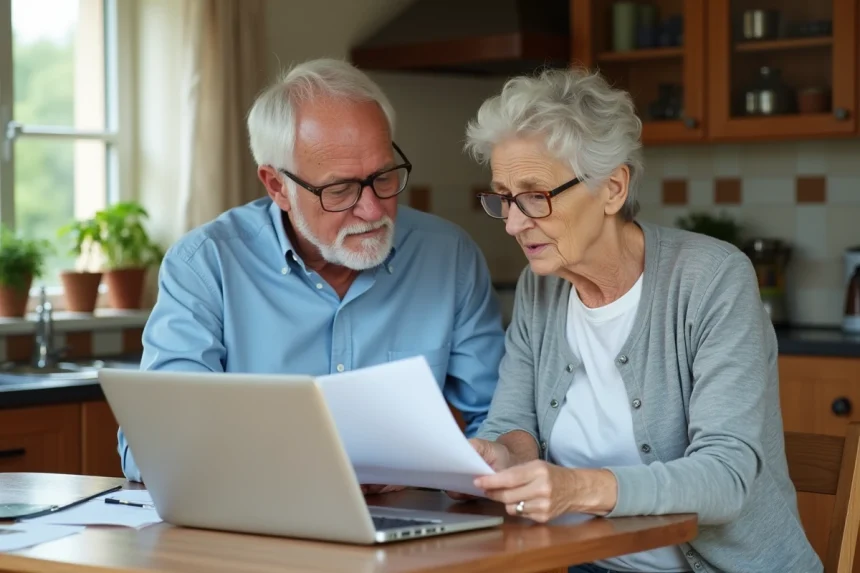 Couple de retraités consultant des documents sur les exonérations fiscales et aides au logement à domicile