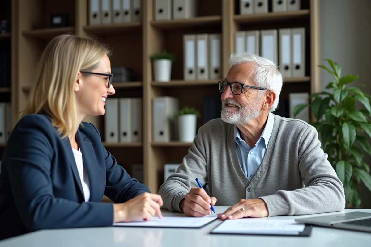 Senior rencontrant un conseiller dans un bureau moderne