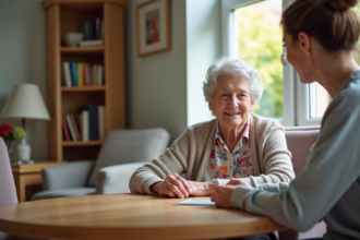 Femme âgée avec une aidante dans un salon chaleureux