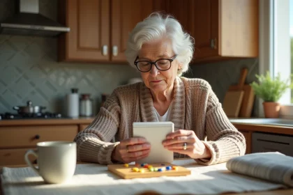 Femme senior examine des compléments alimentaires à la maison