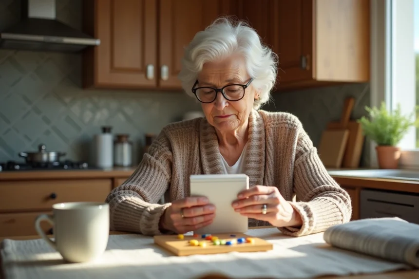 Femme senior examine des compléments alimentaires à la maison