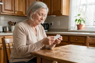 Senior femme examinant un détecteur de chute bracelet à son domicile