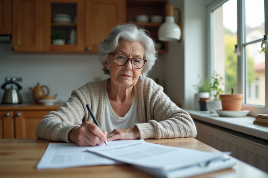 Femme senior lisant des documents dans sa cuisine moderne
