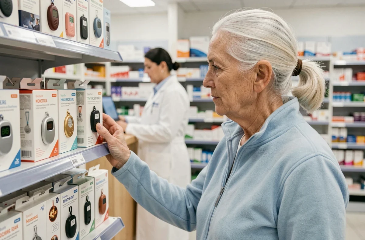 Senior femme en pharmacie devant un rayon de détecteurs de chute et pendentifs d'alarme