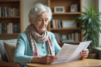 Femme âgée lisant des brochures de retraite dans son salon
