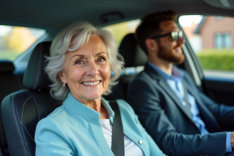 Femme senior souriante dans une voiture moderne