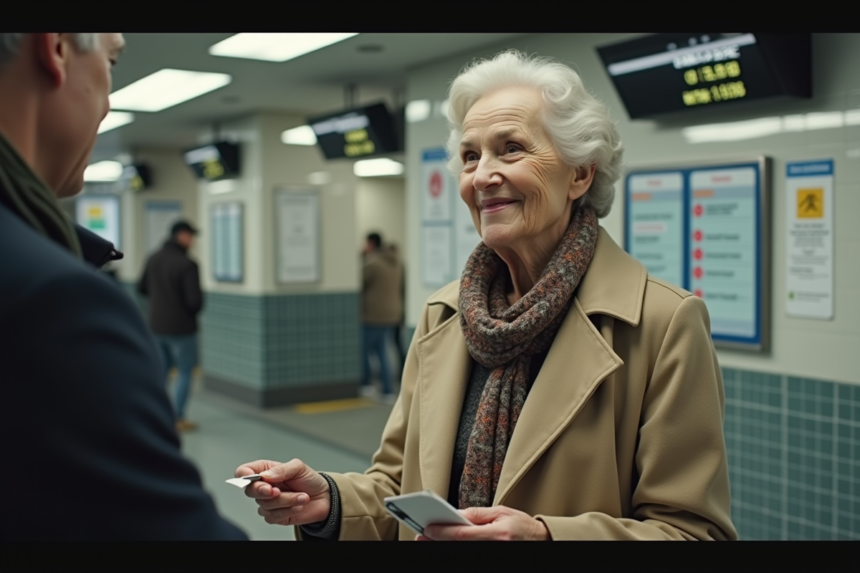 Femme âgée présentant sa pièce d'identité au guichet de transport