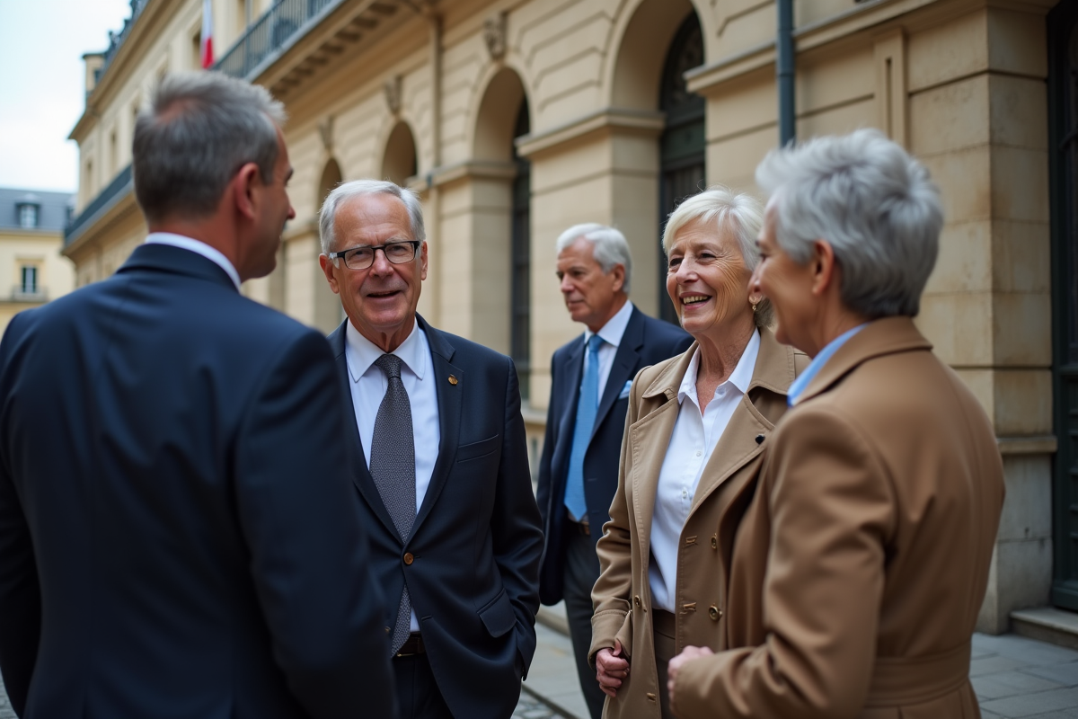 Groupe de fonctionnaires seniors en discussion devant un bâtiment