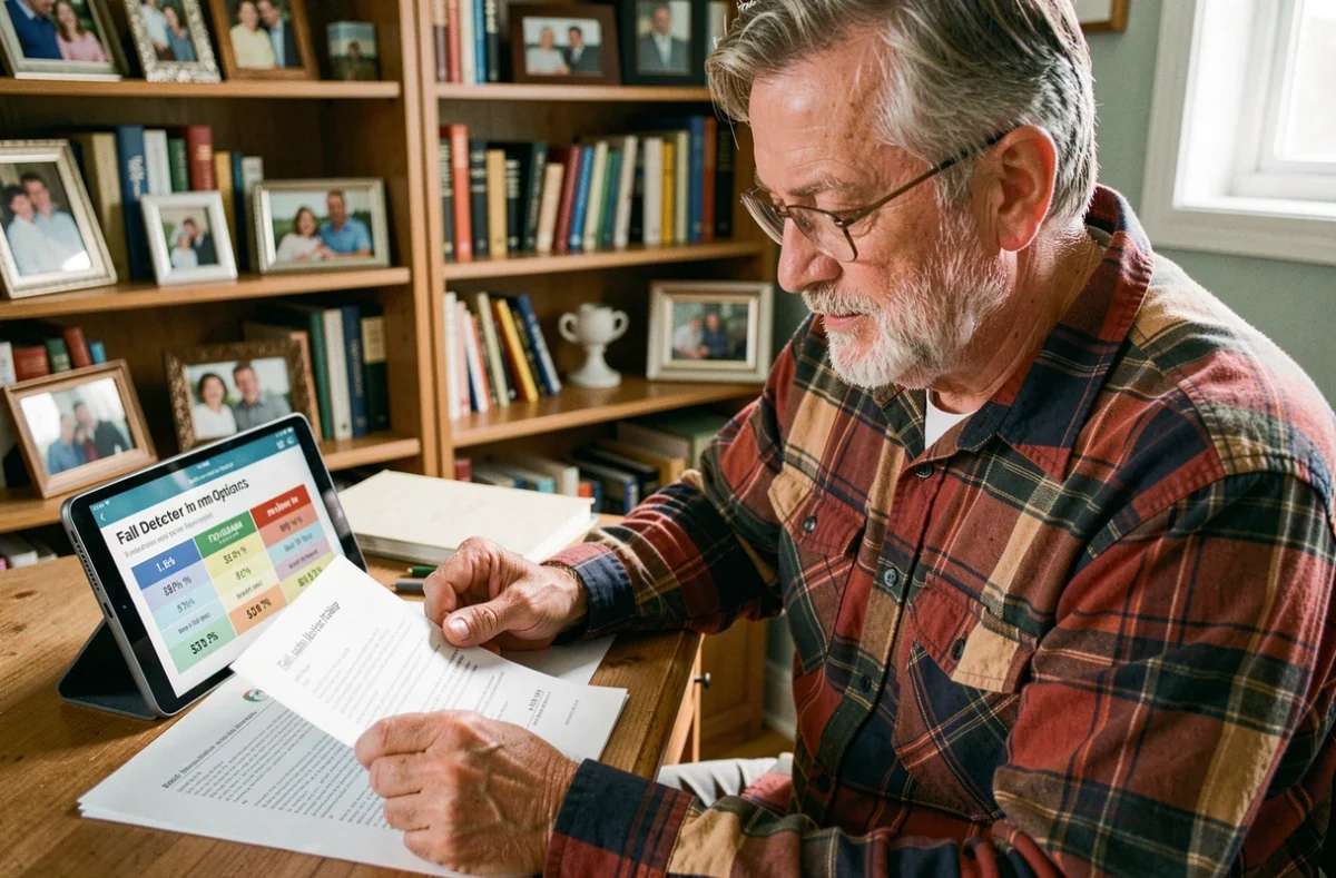 Homme senior comparant les prix des détecteurs de chute sur tablette et documents papier