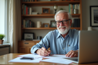 Homme senior souriant lisant des documents fiscaux à la maison