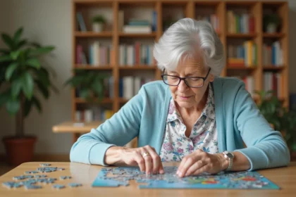 Femme âgée complétant un puzzle dans une résidence senior