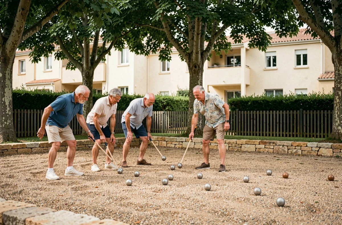 Senioriales de Bassan : trois hommes seniors jouant à la pétanque dans un espace convivial de la résidence entouré de platanes