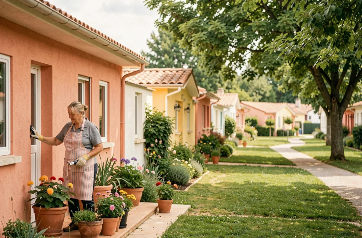 Senioriales de Castanet-Tolosan : femme senior jardinant devant son pavillon dans une résidence paisible près de Toulouse