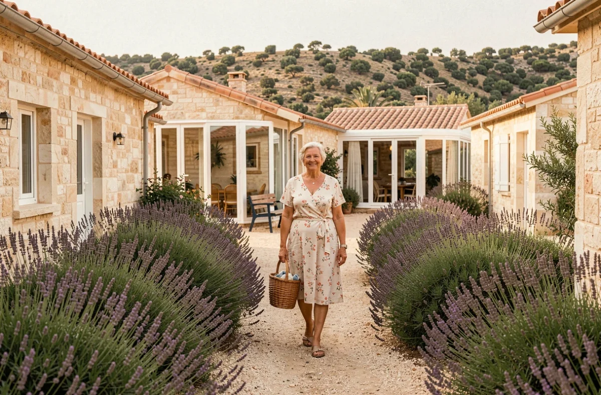 Senioriales de La Calmette : femme senior se promenant sur un chemin fleuri dans une résidence entourée de garrigue gardoise
