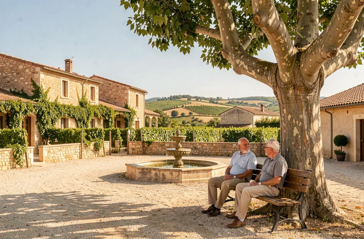 Senioriales de Montagnac : deux hommes seniors discutant sur un banc dans un cadre provençal au cœur du vignoble héraultais