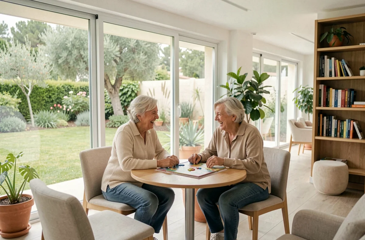 Senioriales de Saint-Jean-de-Védas : deux femmes seniors jouant à un jeu de société dans le salon commun lumineux de la résidence