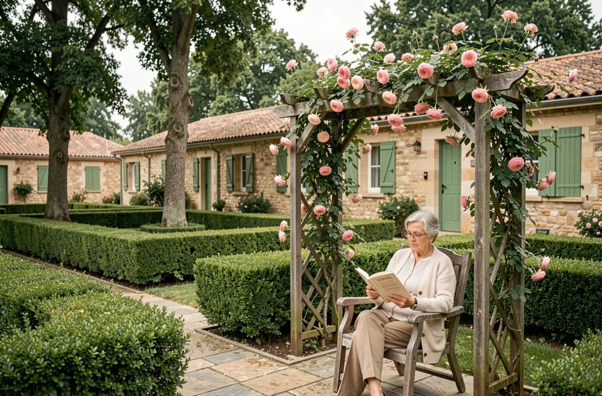 Senioriales de Saint-Privat-des-Vieux : femme senior lisant sous une pergola fleurie dans un jardin communautaire soigné