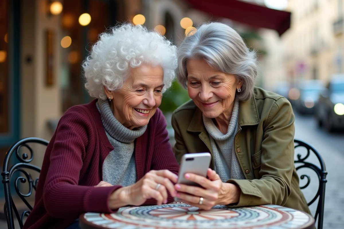 Deux femmes seniors comparant les avantages et réductions d'une carte senior sur smartphone dans un café en terrasse