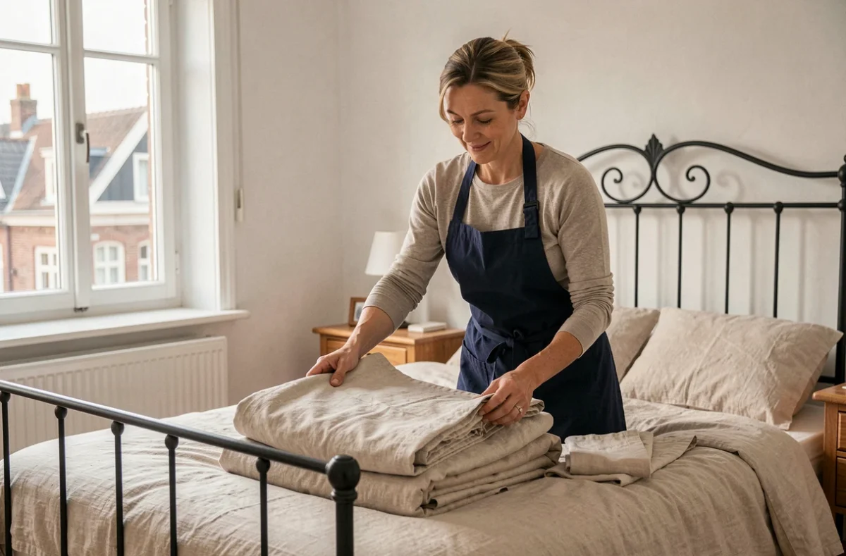 Femme de ménage pliant du linge propre sur un lit dans une chambre soignée d'un domicile à Lille