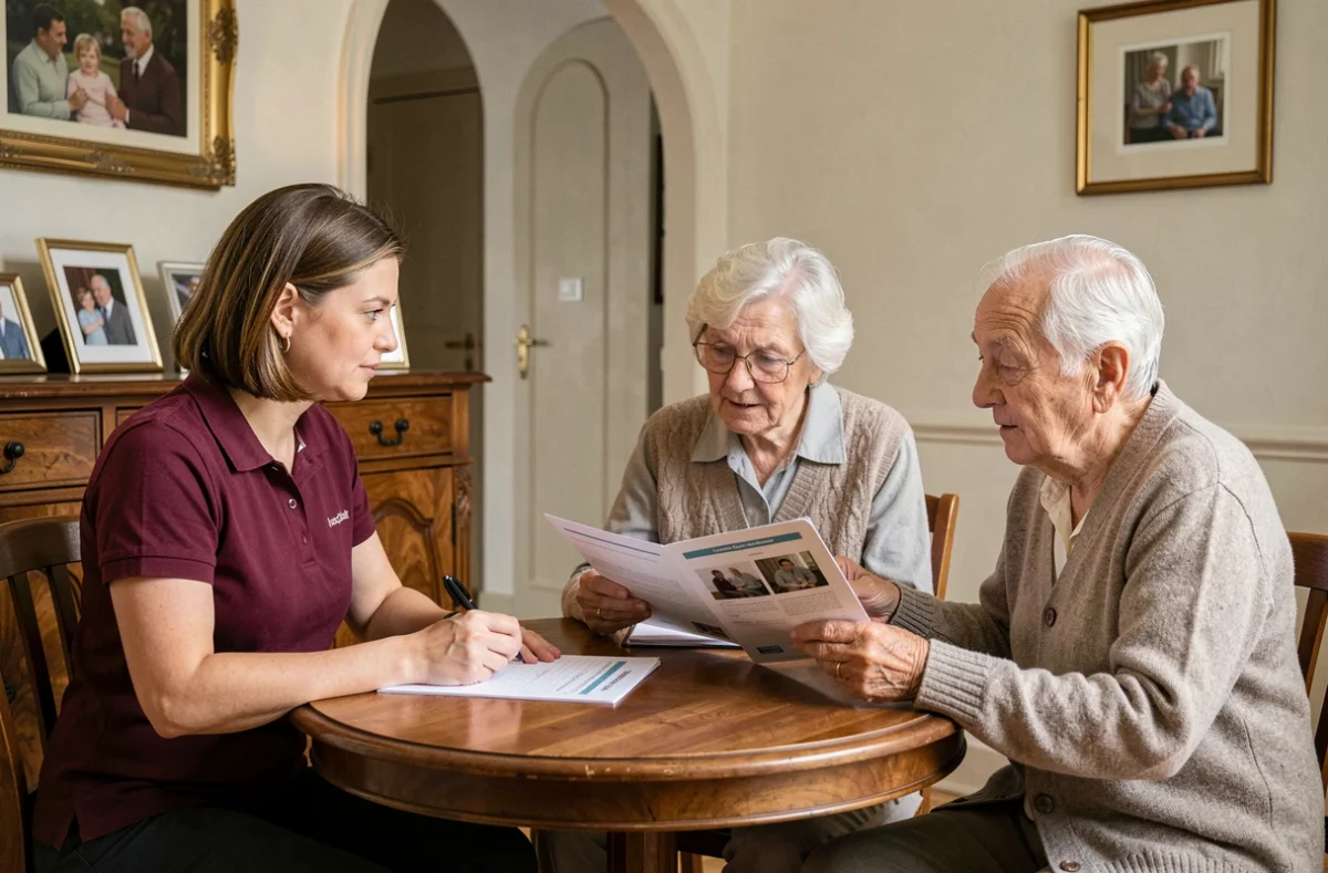 Une coordinatrice de l'ASAD réalisant une évaluation des besoins auprès d'un couple de seniors à Paris