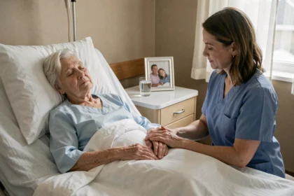 Infirmière tenant la main d'une femme âgée en fin de vie dans une chambre d'hôpital apaisante