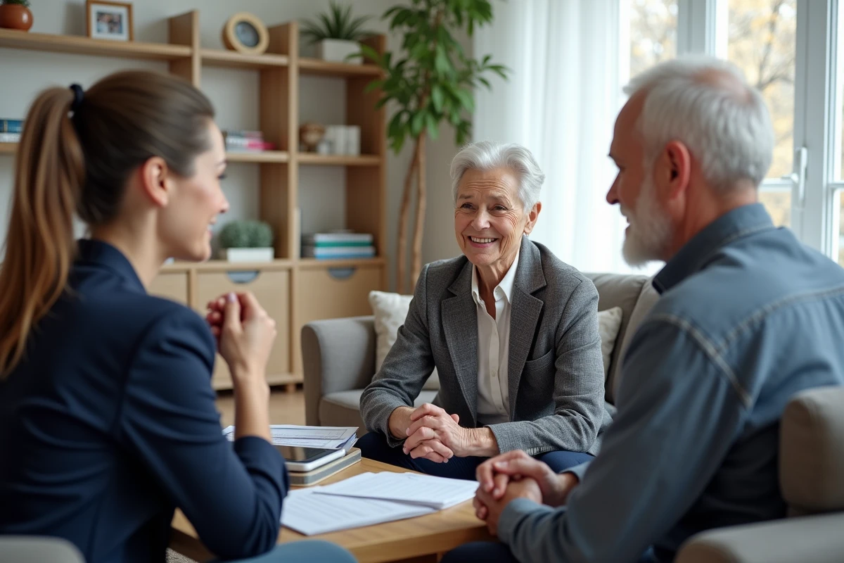Travailleur social avec un couple âgé dans un salon chaleureux