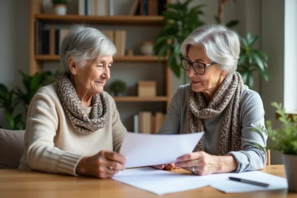 Femme âgée avec aidante dans un salon chaleureux