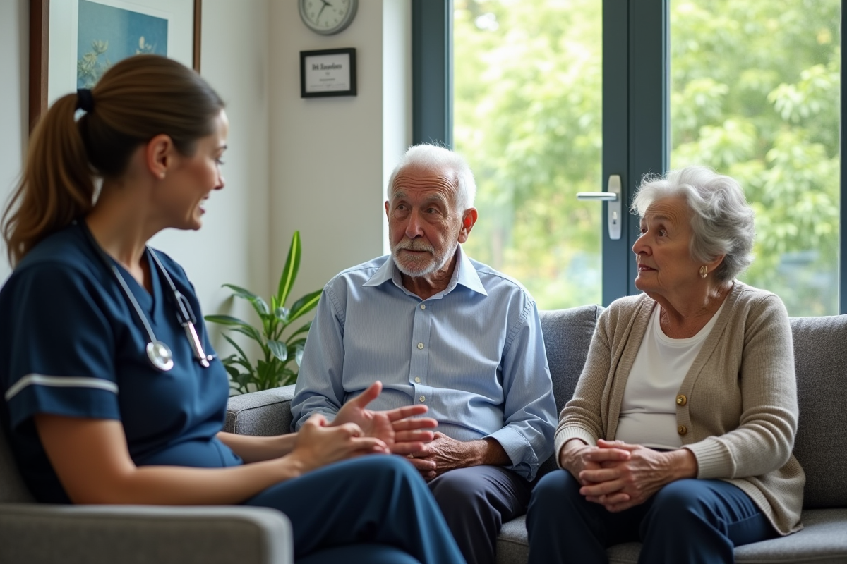 Professionnelle de santé discutant avec un couple âgé
