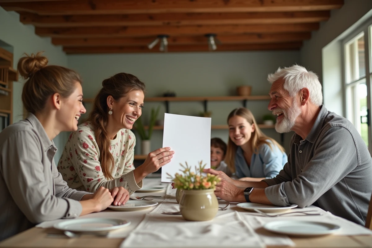 Famille surprise offrant un poème à une grand-mère autour d'une table en bois rustique