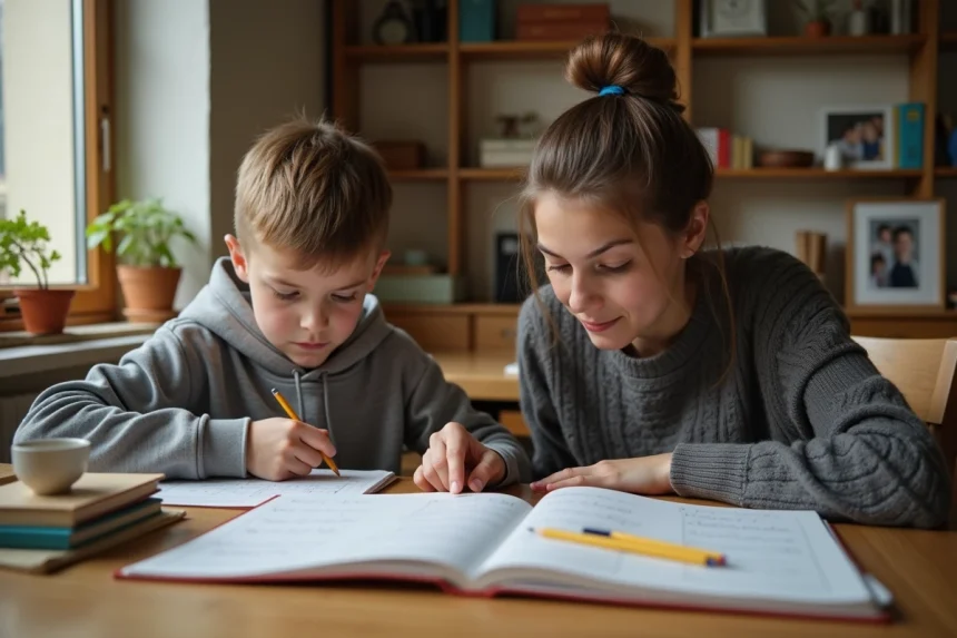 Tuteur à domicile aidant un jeune élève à faire ses devoirs de mathématiques à la table de cuisine