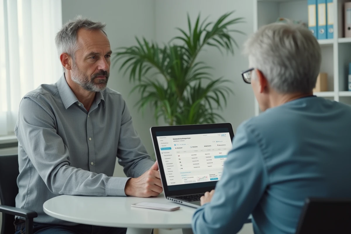Tuteur professionnel accompagnant une personne âgée dans la gestion administrative quotidienne avec un logiciel de tutelle