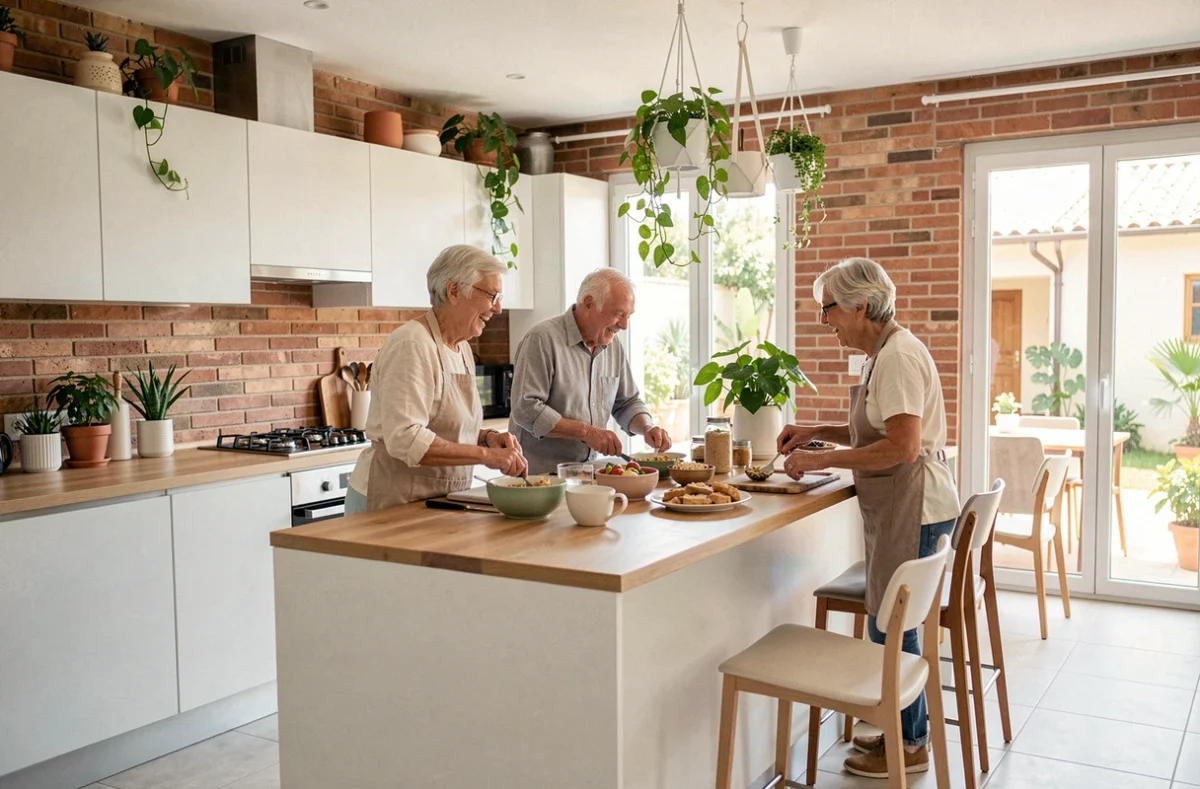 Umaniti Coliving Narbonne : trois seniors cuisinant ensemble dans un espace partagé moderne au design contemporain et convivial