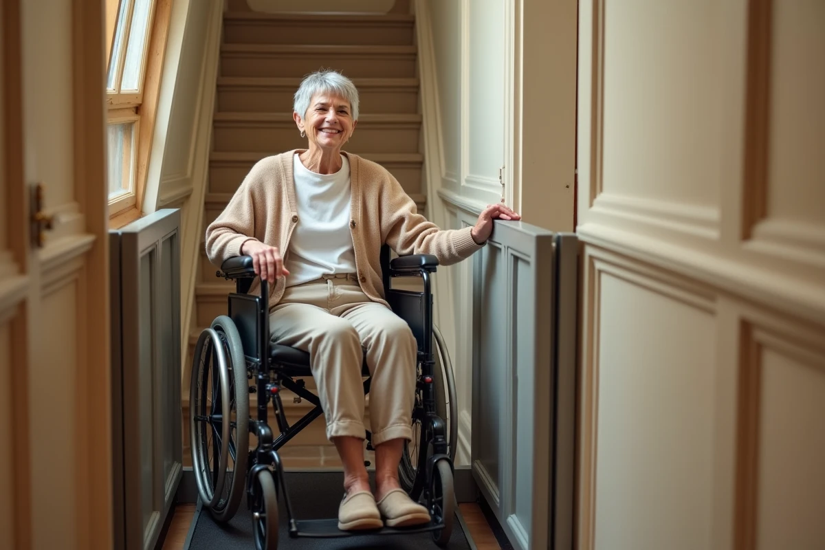Femme en fauteuil roulant utilisant un élévateur PMR sécurisé dans une cage d'escalier résidentielle